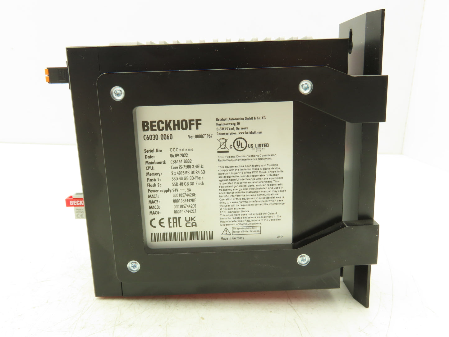 Beckhoff C6030 Ultra-Compact Industrial PC Core i5-7500 3.4GHz 24V 8192MB DDR4