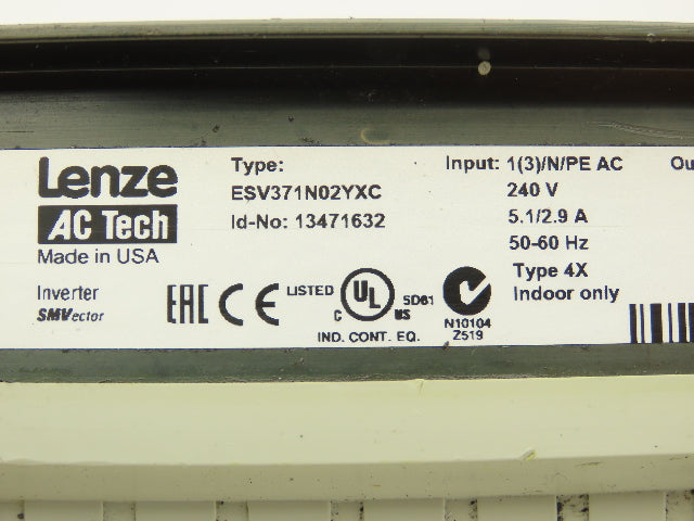 Lenze ESV371N02 SMVector AC Drive Variable Speed Inverter VFD .5Hp 230V 3Ph Read
