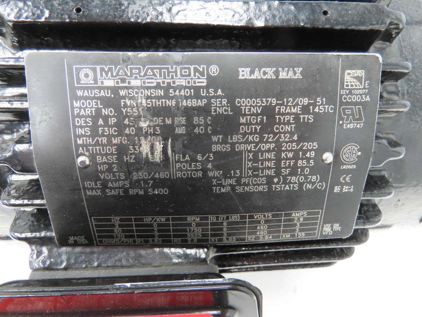 Y551 Induction Motor 2Hp 1750rpm 230/460v 3ph 145T TENV Inverter Duty Dual Shaft