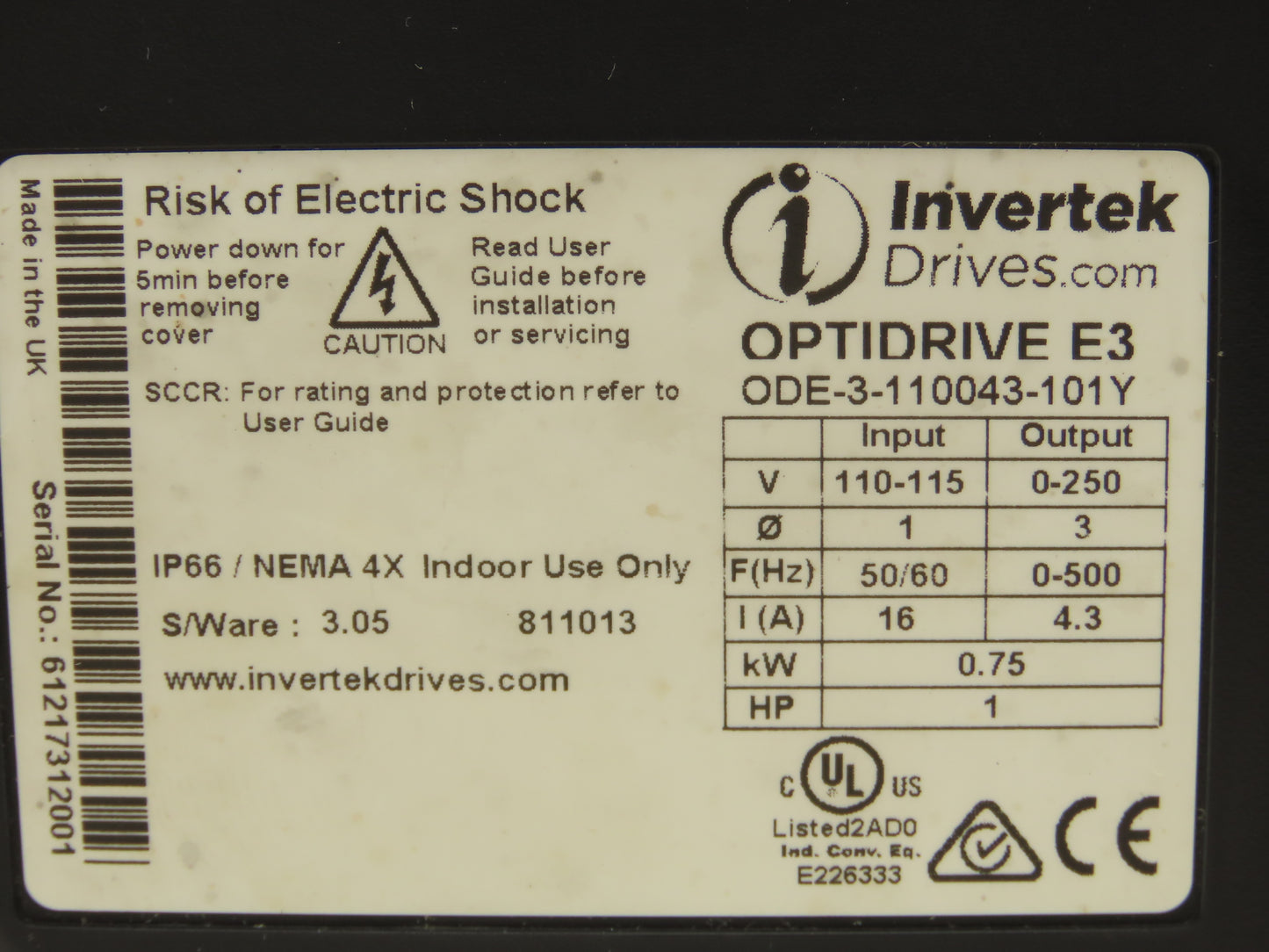 Intertek ODE-3-110043-101Y Optidrive E3 VFD 1HP 4.3A 115 1PH/3PH Variable Drive