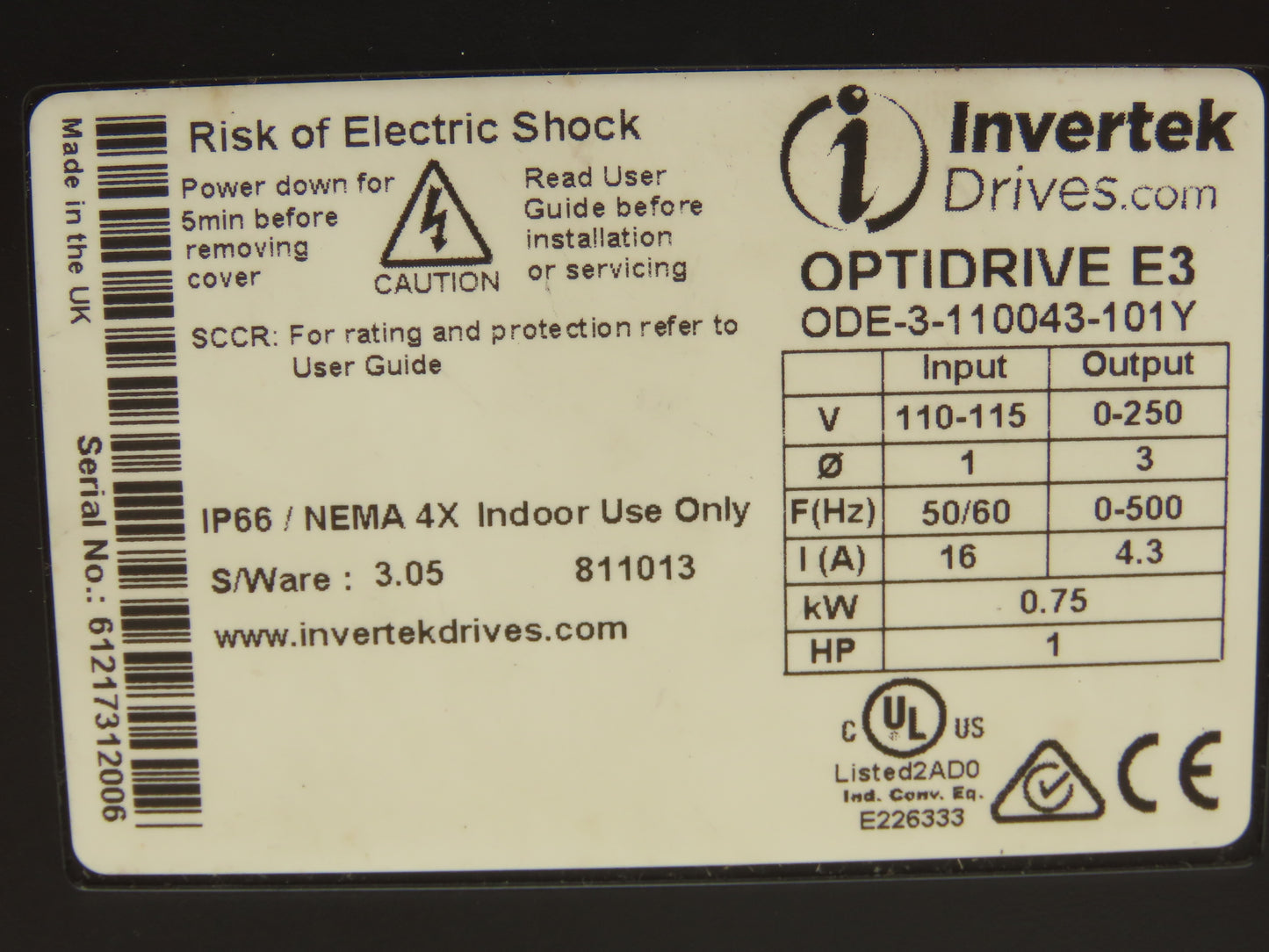 Intertek ODE-3-110043-101Y Optidrive E3 VFD 1HP 4.3A 115 1PH/3PH Variable Drive