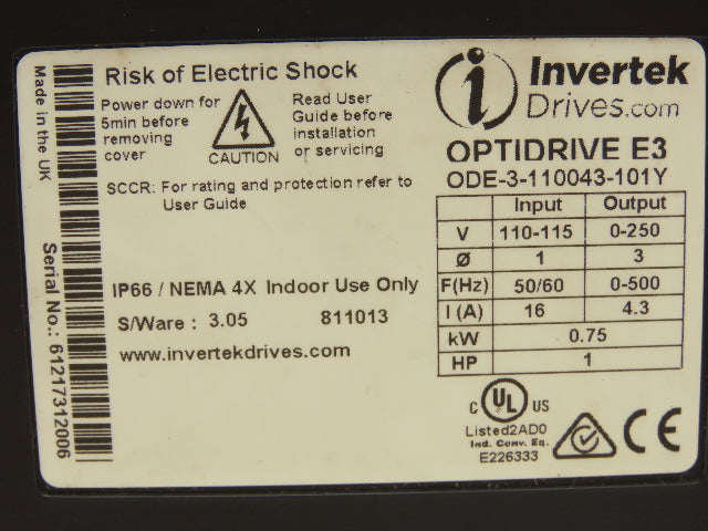Intertek ODE-3-110043-101Y Optidrive E3 VFD 1HP 4.3A 115 1PH/3PH Variable Drive