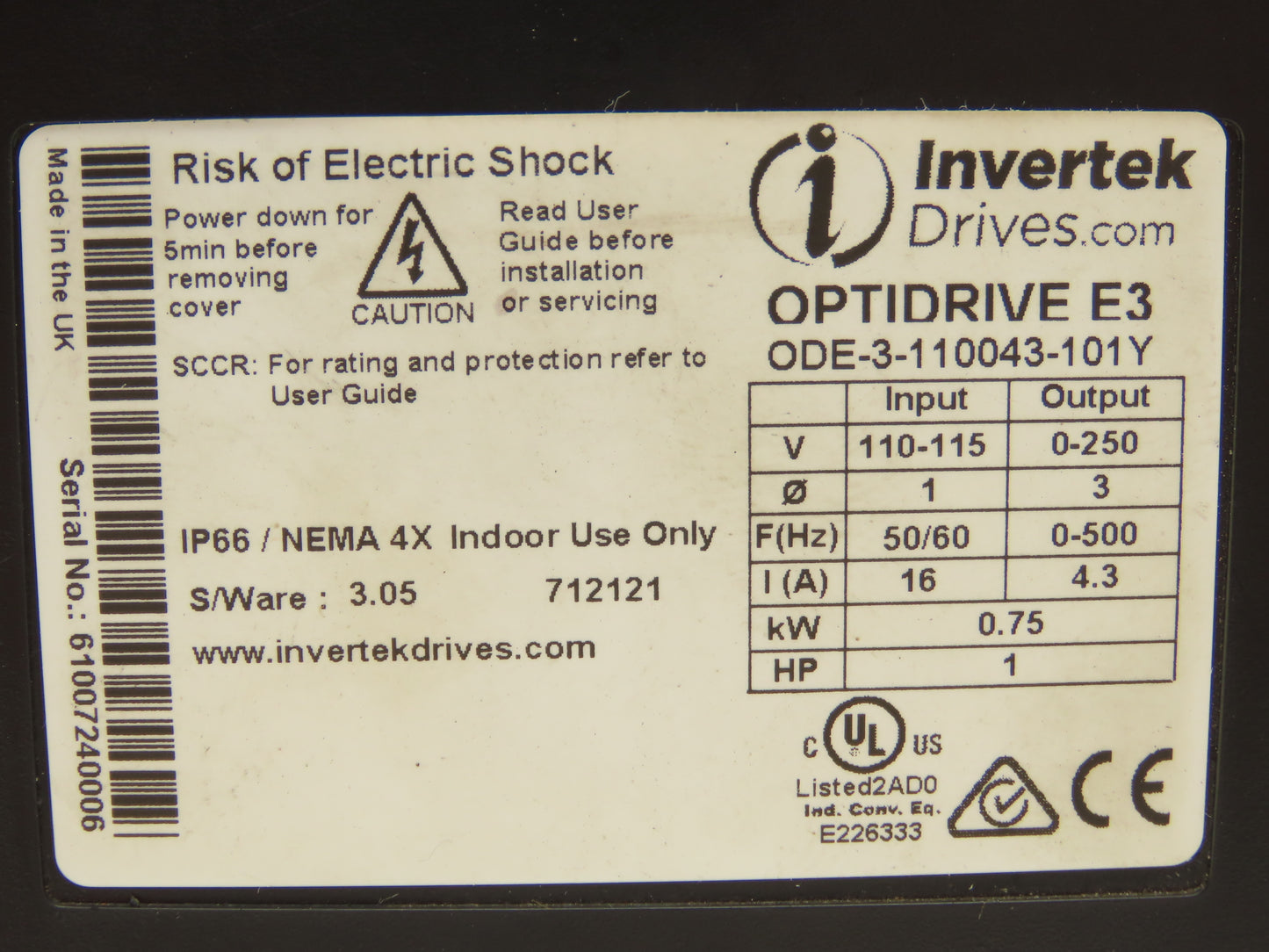 Intertek ODE-3-110043-101Y Optidrive E3 VFD 1HP 4.3A 115 1PH/3PH Variable Drive