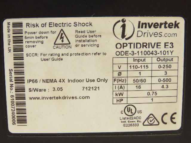 Intertek ODE-3-110043-101Y Optidrive E3 VFD 1HP 4.3A 115 1PH/3PH Variable Drive