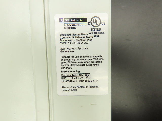 Square D MD3304X Enclosed Manual Motor Disconnect Switch 30A 600VAC Lot of 2