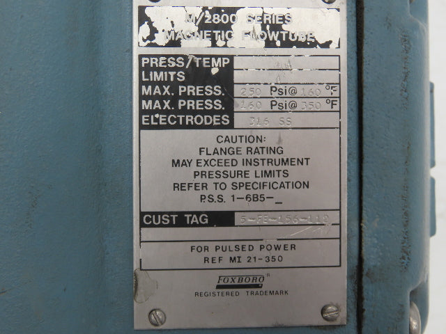 Foxboro 2802-SABB-TSG-G Magnetic Flow Meter 2" Flow Tube 250psi 2800 Series