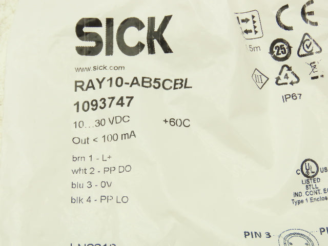 Sick RAY10-AB5CBL Photoelectric Retro-Reflective Sensor Male Connector M8 4 Pin