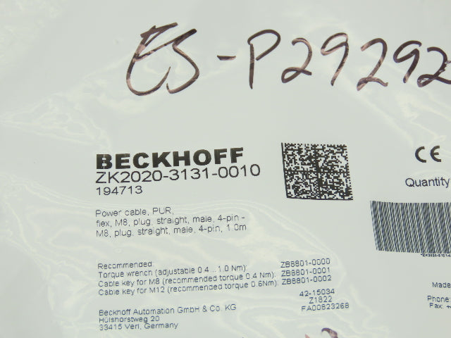 Beckhoff ZK2020-3131-0010 Power Cable M8 Plug Straight 4 Pin Male- Lot of 4