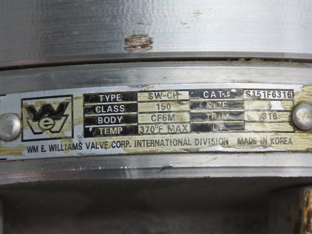 WM E Williams SW-CH S151F6316 Swing Check Valve 4" Flanged Class 150 Stainless