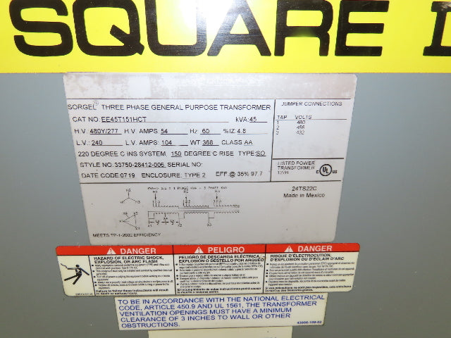 Square D EE45T151HCT Power Transformer 45kva 3Ph HV 480Y/277 LV 240V