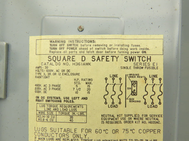 Square D H361AWK Safety Disconnect Switch Fusible 30A 600V 30HP 3 Pole Ser E1