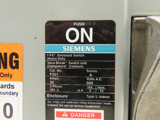Siemens F351 ITE Enclosed Disconnect Switch Vacu-break 600VAC 30A 3Ph Lot of 2