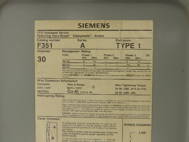 Siemens F351 ITE Enclosed Disconnect Switch Vacu-break 600VAC 30A 3Ph Lot of 2