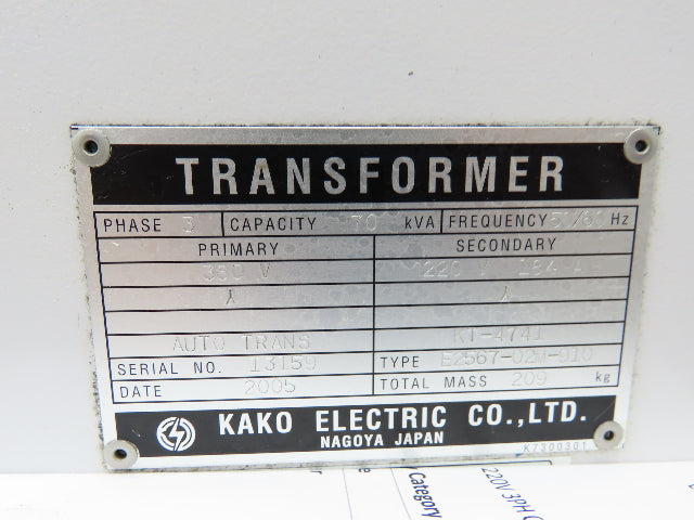 Kako Electric Electrical Power Transformer 70KVA HV 380 LV 220V 3PH Okuma Lathe