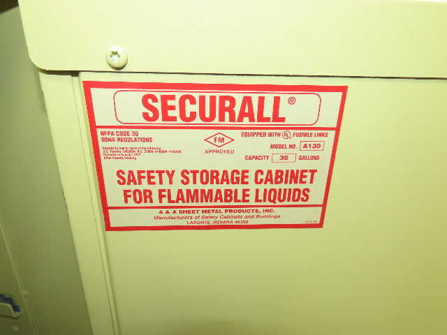 Securall A130 Yellow Flammable Safety Cabinet Dual Door 30 Gallon Liquid