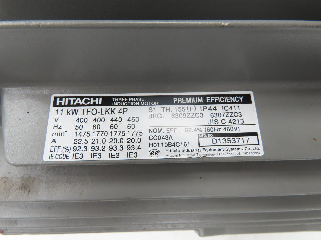 Hitachi TFO-LKK 4P Induction Motor 11kW 1775 RPM 460VAC 3PH IP44 Foot Mount