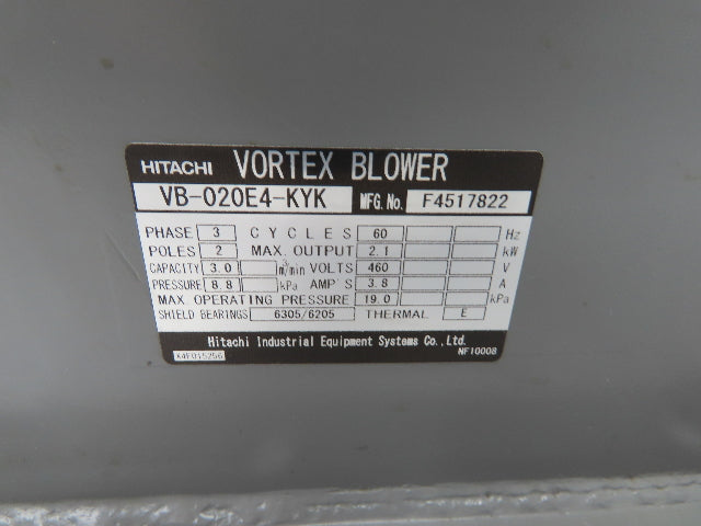 Hitachi VB-020E4-KYK Regenerative Vortex Blower 2.1kW 460V 106CFM 1-1/2" NPT