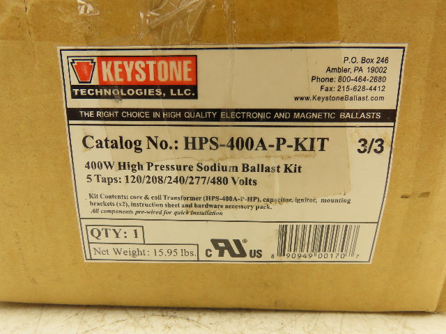 Keystone HPS-400A-P-KIT 400W High Pressure Sodium Ballast Kit 5 Taps 120-480V