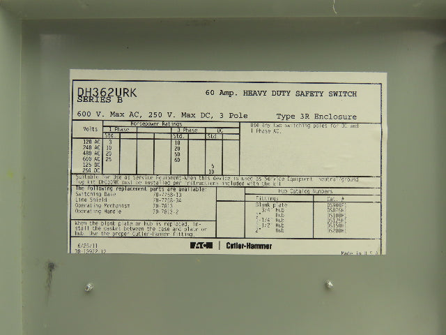 Eaton DH362URK Safety Disconnect Switch 60A 600V Non-Fusible 3 Pole 3R Enclosure