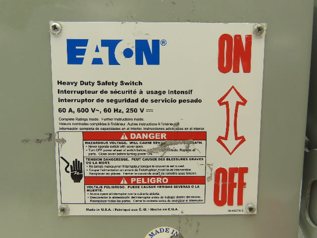 Eaton DH362URK Safety Disconnect Switch 60A 600V Non-Fusible 3 Pole 3R Enclosure