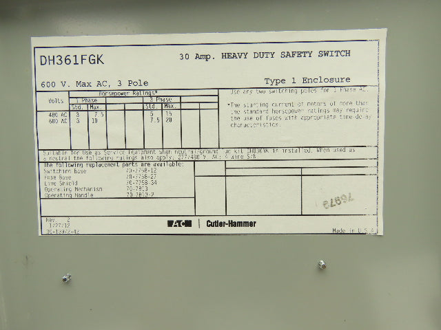 Eaton Cutler Hammer Safety Disconnect Switch 30A 600V 3 Pole Fusible