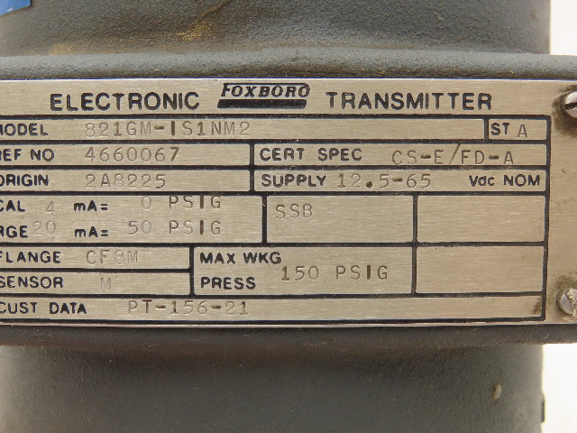 Foxboro 821GM-IS1NM2 Pressure Transmitter 1/2"NPT 12.5-65VDC 150PSI W/Bracket