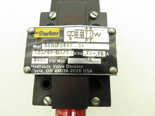 Parker D3W1F56VY Hydraulic Directional Solenoid Valve 120v 60Hz .72-.75A 3000psi
