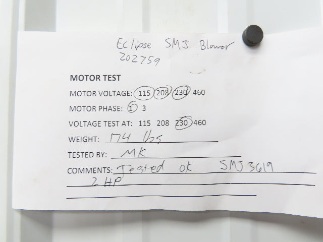 Eclipse SMJ3619 Turbo Blower Centrifugal 6x3" 10500 CFH 2 Hp 1Ph 115/208/230V