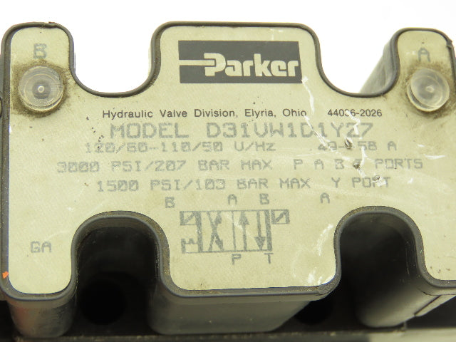 Parker D31VW1D1Y 27 Hydraulic Directional Control Solenoid Valve 120V 3000psi