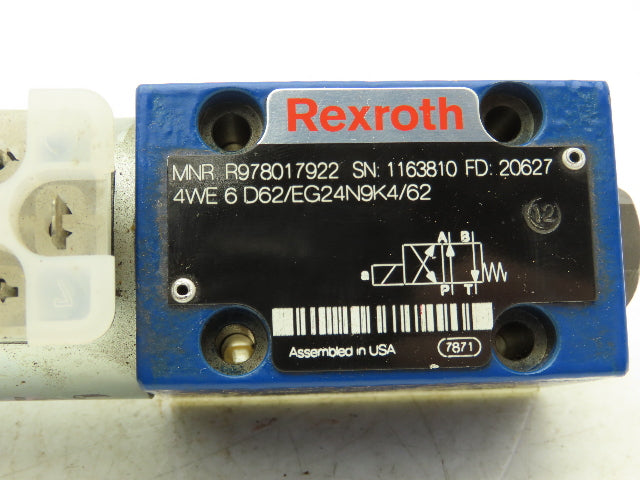 Rexroth 4WE6D62/EG24N9K4/62 Hydraulic Directional Solenoid Valve 24VDC 4/2