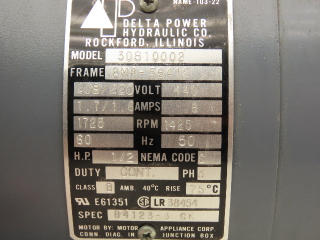 Delta Power Hydraulic 30810002 Pump Motor 1/2Hp 1725rpm 230/460V 3PH 2M4-56412