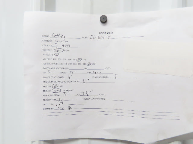 Coffing EC.6016.4 3 Ton Electric Chain Hoist 16/4 FPM 13'Lift Power Trolley 460V
