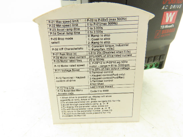 TB Woods 698672161985 AC Drive 1Hp 230V 1Ph In VFD S Series Single Phase Input