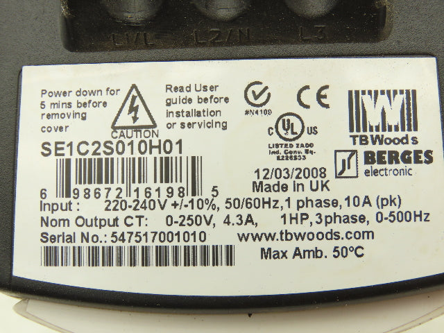 TB Woods 698672161985 AC Drive 1Hp 230V 1Ph In VFD S Series Single Phase Input