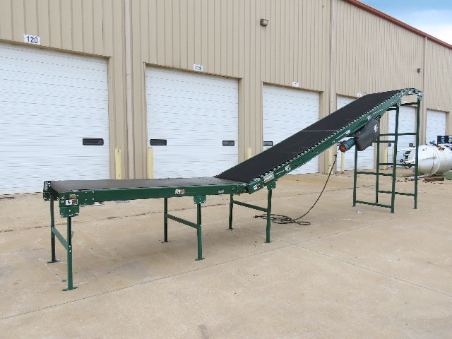 Dematic 42"x 28' Flat to Incline Belt Conveyor RH Center Drive 460V 95fpm 118"H