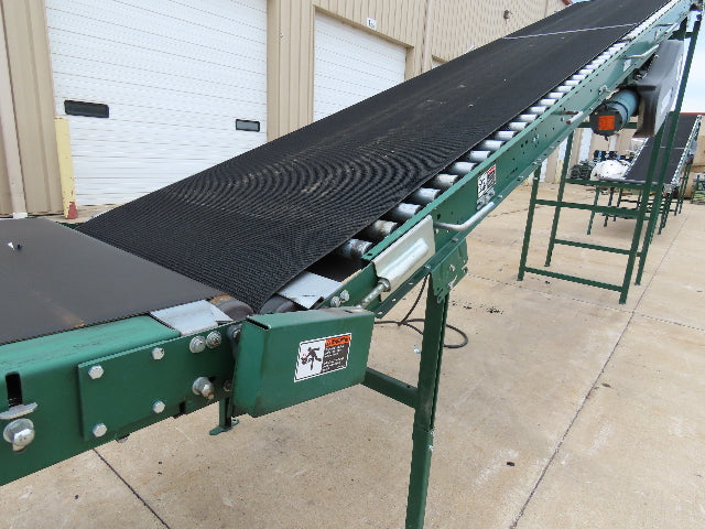 Dematic 42"x 28' Flat to Incline Belt Conveyor RH Center Drive 460V 95fpm 118"H