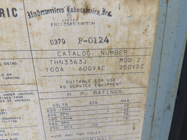 General Electric THN3363JCL Heavy Duty Safety Disconnect Switch 100A 600VAC 3P