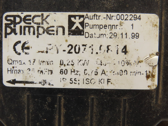 Speck PY-2071.9814 Plastic Water Pump 17L/Min .25kw 230/460V 3PH G1/2"Ports