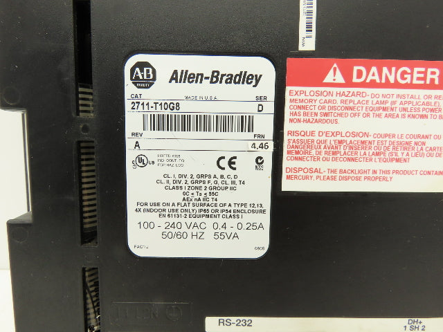 Allen Bradley 2711-T10G8 PanelView 1000 HMI Control Panel Ser B Rev A Frn 4.20