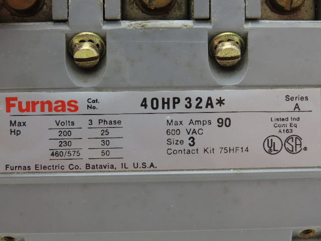 Furnas 40HP32A* Contactor Motor Starter 50Hp 600VAC 3Ph 120V Coil Ser A Size 3
