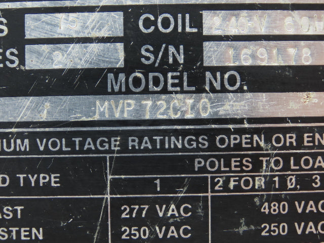Zenith Controls MVP Remote Control Contactor 2 Pole 75 Amp 240V Coil 600V Load