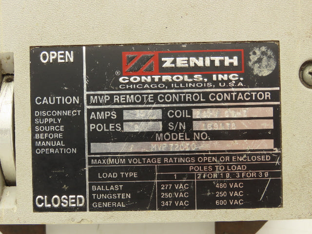 Zenith Controls MVP Remote Control Contactor 2 Pole 75 Amp 240V Coil 600V Load