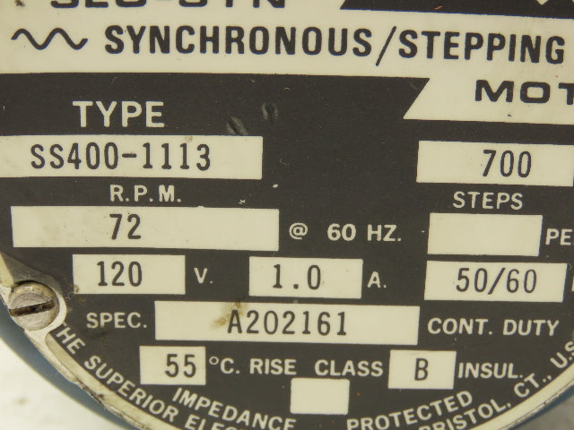 Superior Electric SS400-1113 Slo-Syn Synchronous AC Stepper Motor 120V 1PH 72RPM