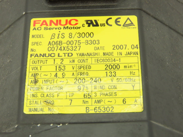 Fanuc A06B-0075-B303 AC Servo Motor 1.2kw 153V 2000rpm Encoder A860-2020-T301