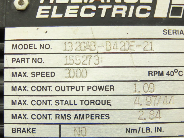 Reliance Electric 1326AB-B420E-21 AC Servo Motor 460V 3Ph 1.09kw 3000 RPM