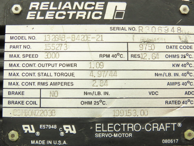 Reliance Electric 1326AB-B420E-21 AC Servo Motor 460V 3Ph 1.09kw 3000 RPM