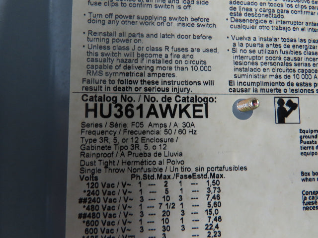 Square D HU-361 Safety Disconnect Switch 30A 600V 3Ph 30HP Non Fused Lot Of 4