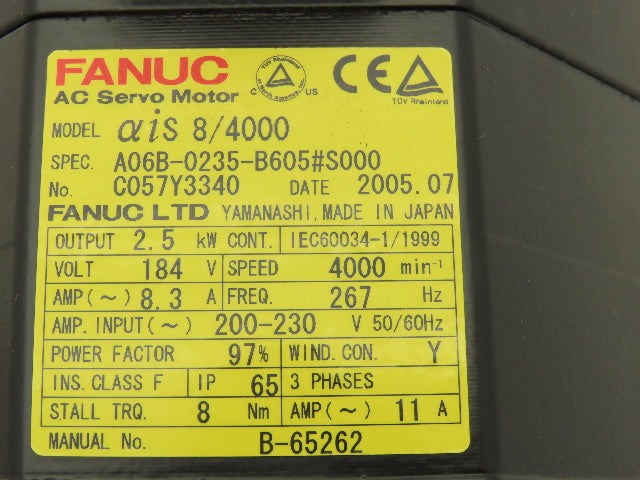 Fanuc A06B-0235-B605 AC Servo Motor 2.5kW 184v 3Ph 4000RPM Encoder A8602010T341