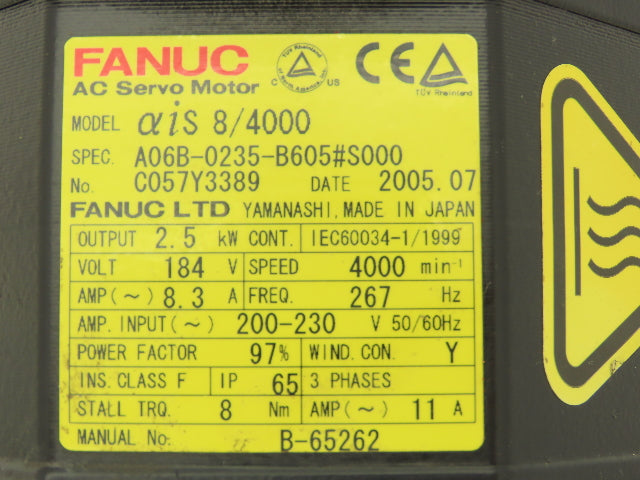 Fanuc A06B-0235-B605 AC Servo Motor 2.5kW 184v 3Ph 4000RPM Encoder A8602010T341