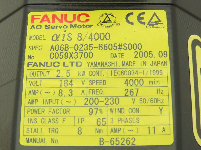 Fanuc A06B-0235-B605 AC Servo Motor 2.5kW 184v 3Ph 4000RPM Encoder A8602010T341